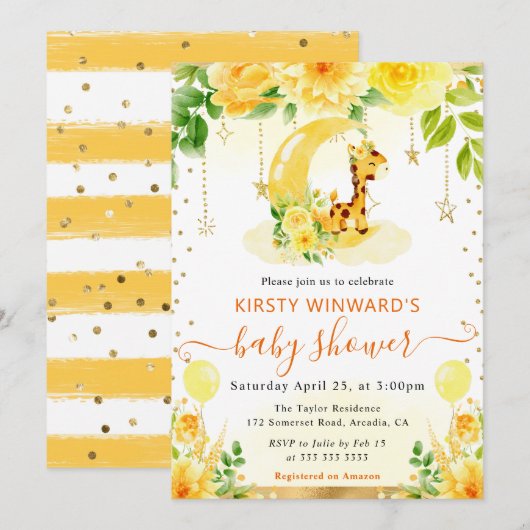 水彩可愛いフローラキリン赤ちゃんシャワー 招待状 (正面/裏面)