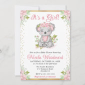 水彩可愛いフローラコアラ女の子ベビーシャワー 招待状 (正面)