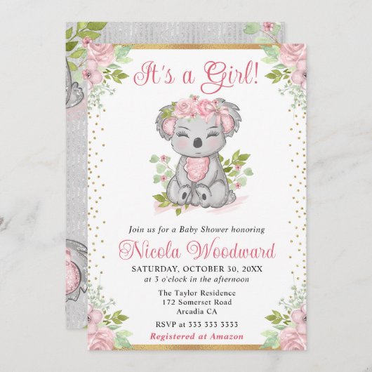 水彩可愛いフローラコアラ女の子ベビーシャワー 招待状 (正面/裏面)