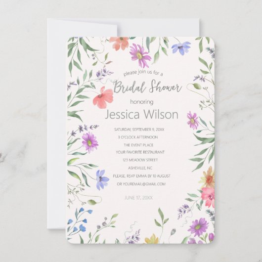 水彩可愛いフローラメドウブライダルシャワー 招待状 (正面)