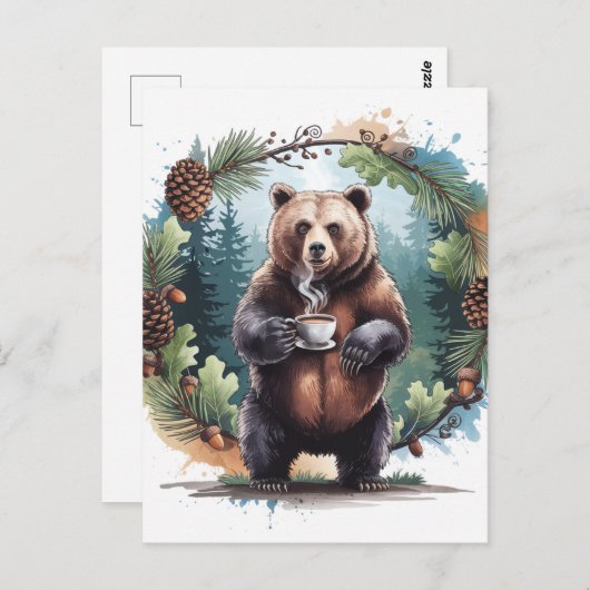 水彩可愛いブラウンベアとコーヒー ポストカード (正面/裏面)