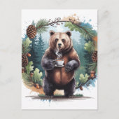 水彩可愛いブラウンベアとコーヒー ポストカード (正面)