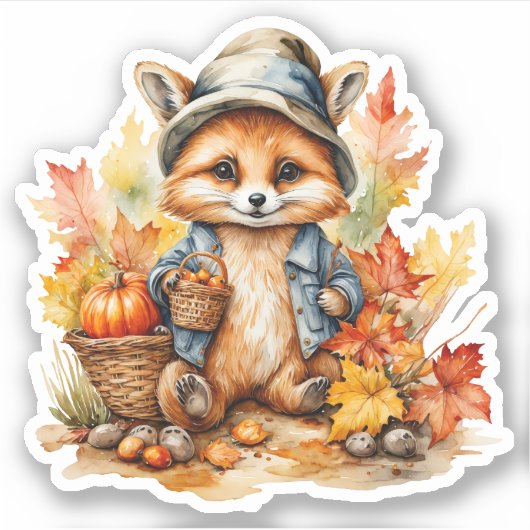 水彩可愛いベビーキツネ帽子とジャケット秋 シール (正面)