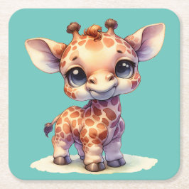 水彩可愛いベビーキリン スクエアペーパーコースター