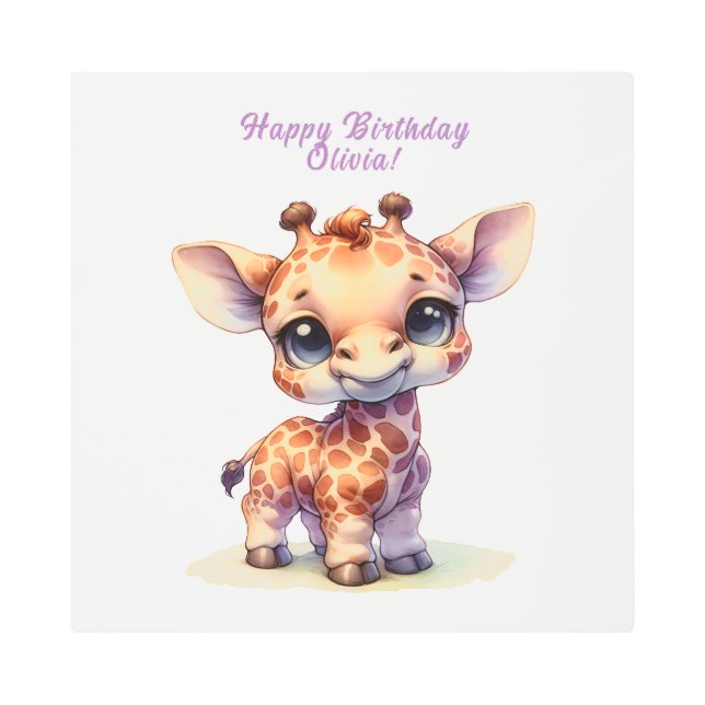 水彩可愛いベビーキリン メタルプリント (正面)