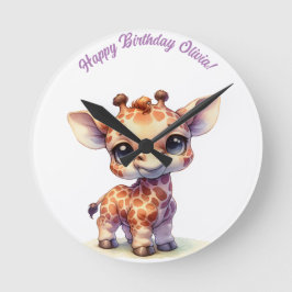 水彩可愛いベビーキリン ラウンド壁時計