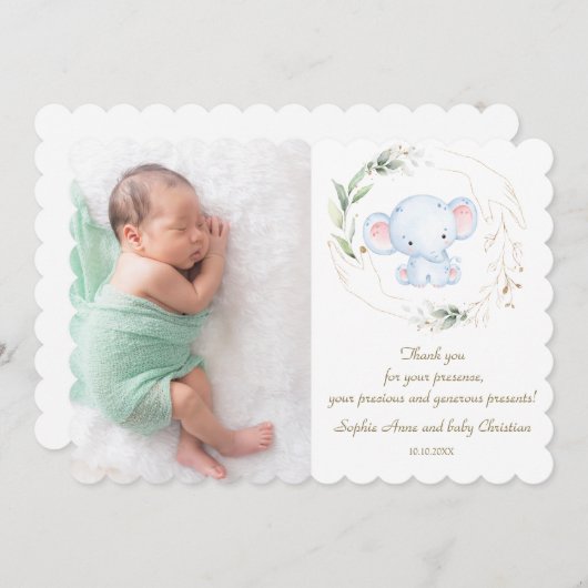 水彩可愛いベビーゾウのサファリベイビーシャワー サンキューカード (正面/裏面)