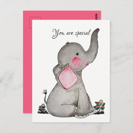 水彩可愛いベビーゾウ小さな花 ポストカード (正面/裏面)