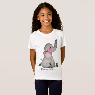 水彩可愛いベビーゾウ赤面&花 Tシャツ