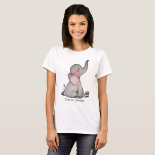 水彩可愛いベビーゾウ赤面&花 Tシャツ