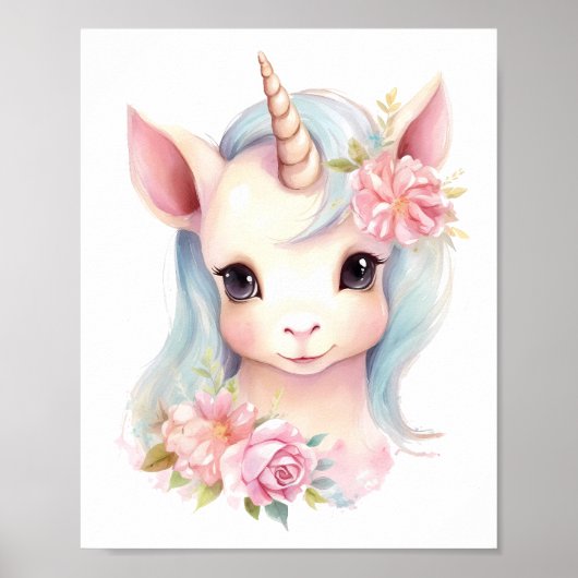 水彩可愛いベビーユニコーンポートレートキッズ子供部屋 ポスター (正面)