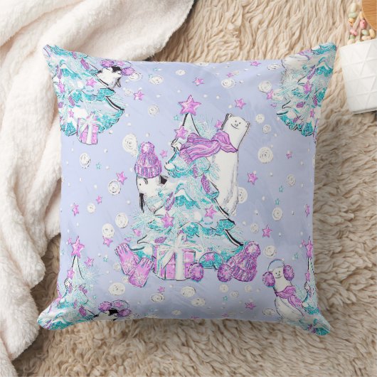 水彩可愛いホッキョクグマとペンギンのクリスマス クッション (ブランケット)