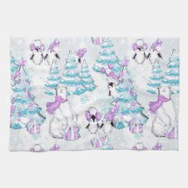 水彩可愛いホッキョクグマとペンギンの友達 キッチンタオル