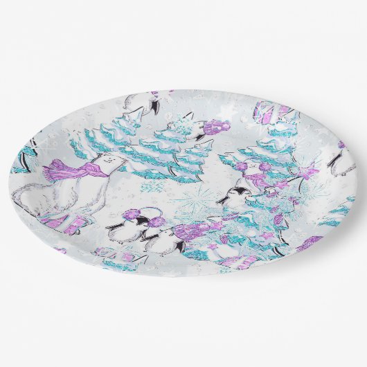 水彩可愛いホッキョクグマとペンギンの友達 ペーパープレート (アングル)