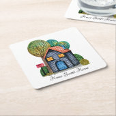 水彩可愛いホームスイートホームアート スクエアペーパーコースター (アングル)