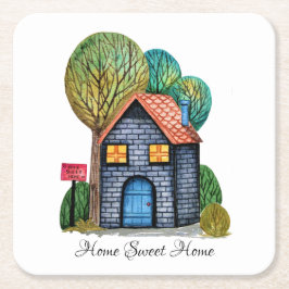 水彩可愛いホームスイートホームアート スクエアペーパーコースター