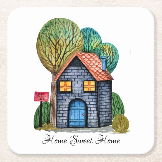 水彩可愛いホームスイートホームアート スクエアペーパーコースター (正面)