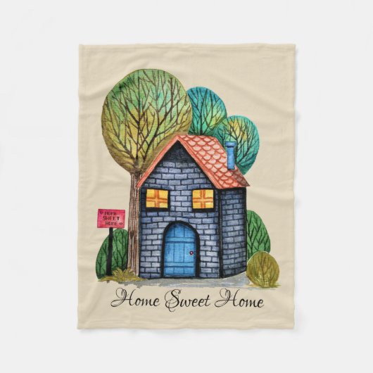 水彩可愛いホームスイートホームアート フリースブランケット (正面)