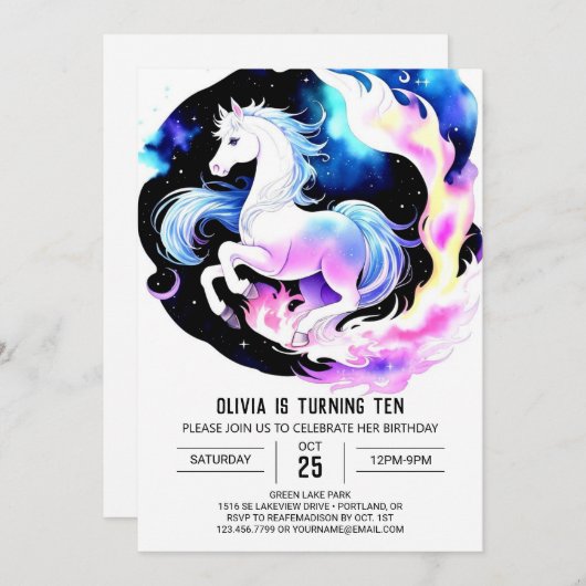 水彩可愛いポニー誕生日 招待状 (正面/裏面)