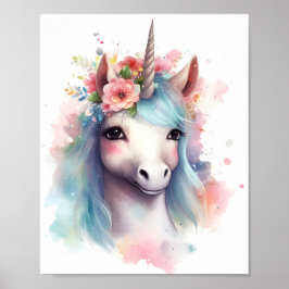 水彩可愛いユニコーンと青い髪 ポスター