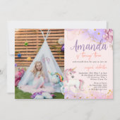 水彩可愛いユニコーングリッター写真誕生日 招待状 (正面)
