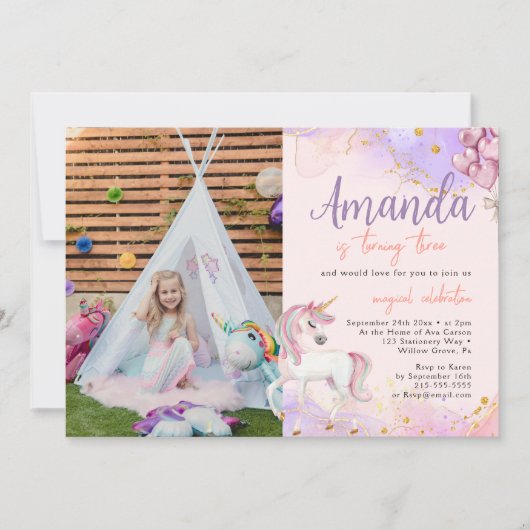 水彩可愛いユニコーングリッター写真誕生日 招待状 (正面)