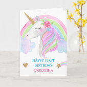 水彩可愛いユニコーンパーソナライズされたガール誕生日 カード (黄色い花)