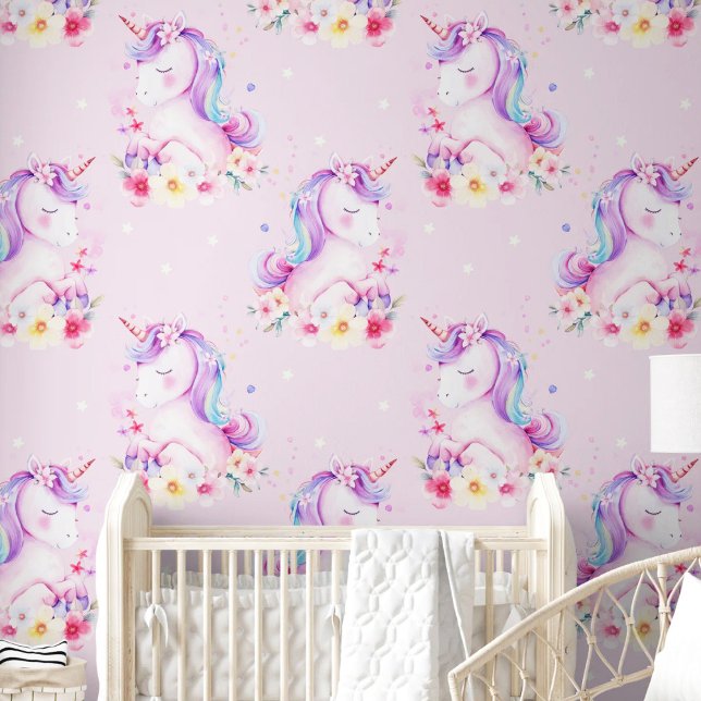水彩可愛いユニコーンピンクパープル子供部屋ルーム 壁紙 (Watercolor Cute Unicorn Pink Purple Nursery Room Wallpaper)