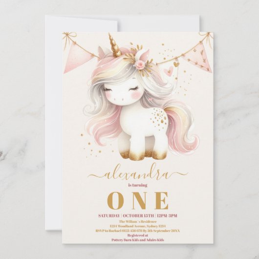 水彩可愛いユニコーン幸せ1歳の誕生日 招待状 (正面)