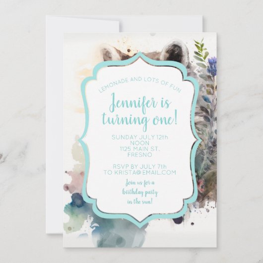 水彩可愛いラクーン春の花 招待状 (正面)