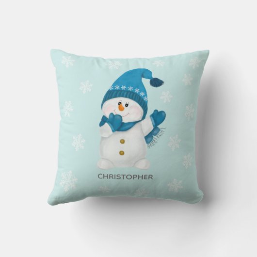 水彩可愛いリトル雪だるまビーニーブルーベビー クッション (裏面)