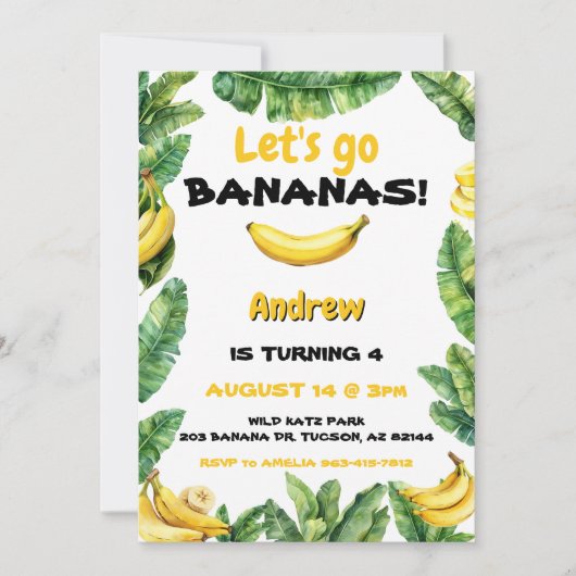 水彩可愛いレッツゴーバナナス誕生日 招待状 (正面)
