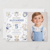 水彩可愛いロボット子供の誕生日パーティー写真 招待状 (正面)