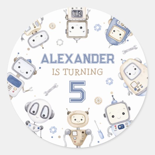 水彩可愛いロボット子供の誕生日パーティー ラウンドシール (正面)