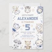 水彩可愛いロボット子供の誕生日パーティー 招待状 (正面)