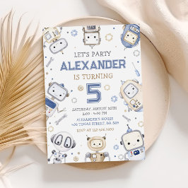 水彩可愛いロボット子供の誕生日パーティー 招待状