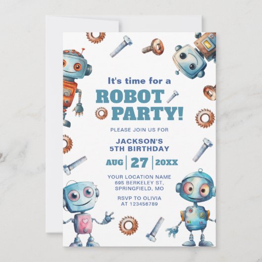 水彩可愛いロボット子供の誕生日 招待状 (正面)