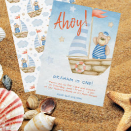 水彩可愛い帆船ベア誕生日パーティー 招待状