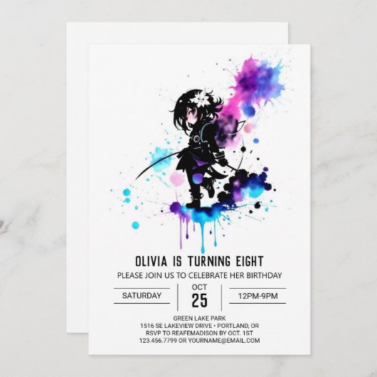水彩可愛い忍者デジタルガール誕生日 招待状 (正面/裏面)