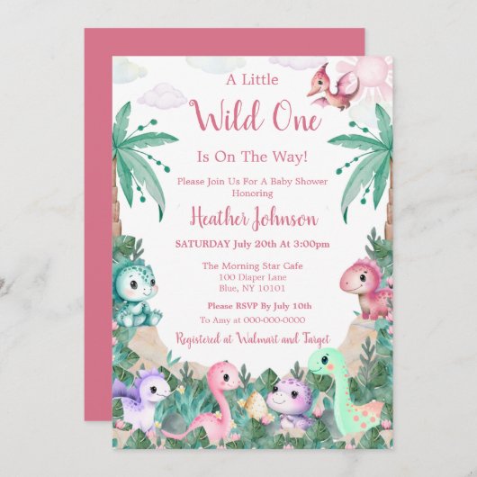 水彩可愛い恐竜の女の子ベビーシャワー 招待状 (正面/裏面)