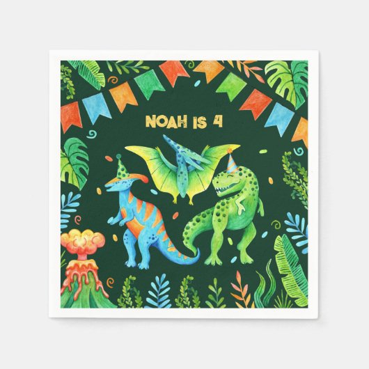 水彩可愛い恐竜の少年の誕生日パーティー スタンダードカクテルナプキン (正面)