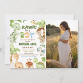 水彩可愛い恐竜の男の子の赤ちゃんシャワー写真 招待状 (正面)