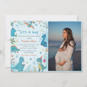 水彩可愛い恐竜の男の子の赤ちゃんシャワー写真 招待状 (正面)