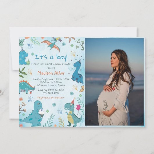 水彩可愛い恐竜の男の子の赤ちゃんシャワー写真 招待状 (正面)