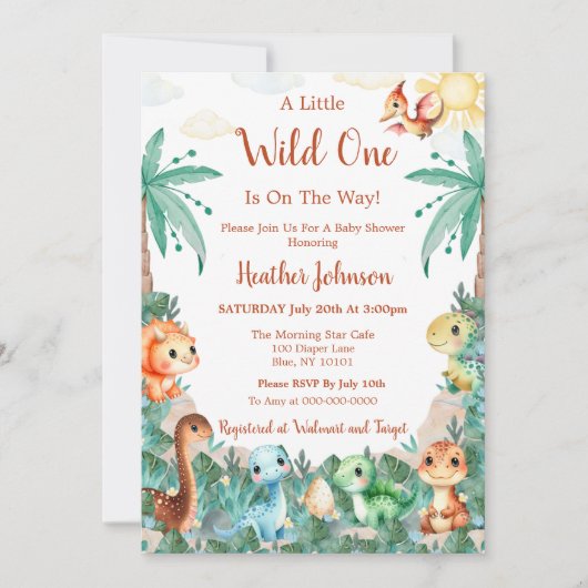 水彩可愛い恐竜の男の子の赤ちゃんシャワー 招待状 (正面)