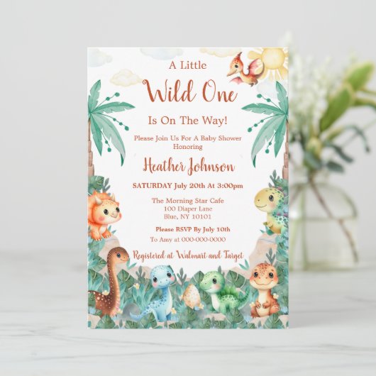 水彩可愛い恐竜の男の子の赤ちゃんシャワー 招待状 (スタンド正面)