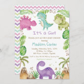 水彩可愛い恐竜の緑の女の子の赤ちゃんシャワー 招待状 (正面/裏面)