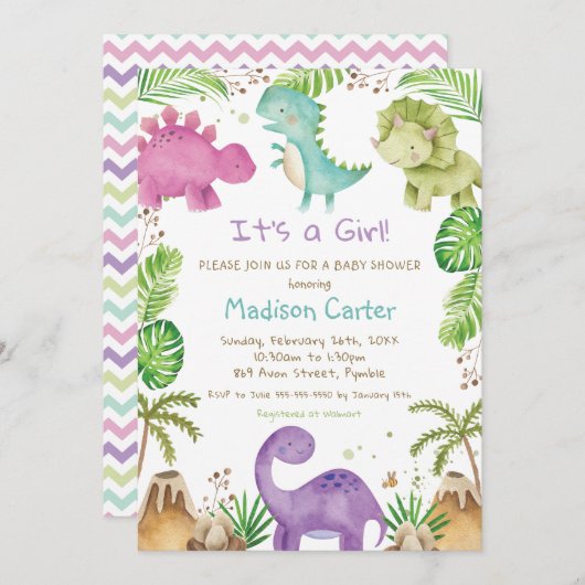 水彩可愛い恐竜の緑の女の子の赤ちゃんシャワー 招待状 (正面/裏面)