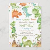 水彩可愛い恐竜の緑の少年誕生日 招待状 (正面/裏面)