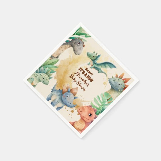 水彩可愛い恐竜の緑の男の子の赤ちゃんシャワー スタンダードカクテルナプキン (角)